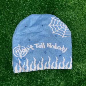 Don’t Tell Nobody Sky Blue-White Letter Beanie Blue Rhinestone