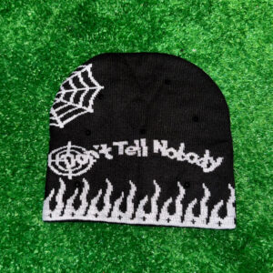 Don’t Tell Nobody Black-White Letter Beanie Black Rhinestone