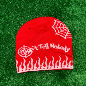 Don’t Tell Nobody Red-White Letter Beanie Red Rhinestone