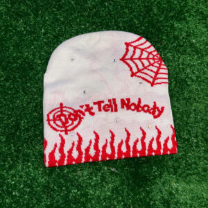 Don’t Tell Nobody White-Red Letter Beanie White Rhinestone
