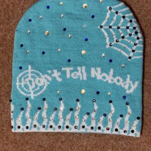 Fully Rhinestone Sky Blue Beanie White Wording